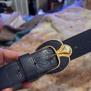 Navy Leather Belt with Gold Buckle
